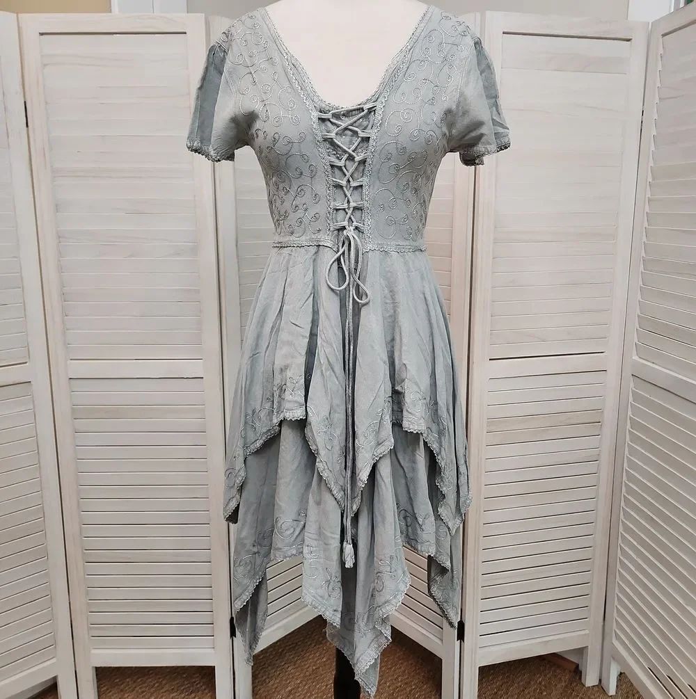 Boho AsymmetricalβLace-Up Handkerchief Hem Dress in Light Gray